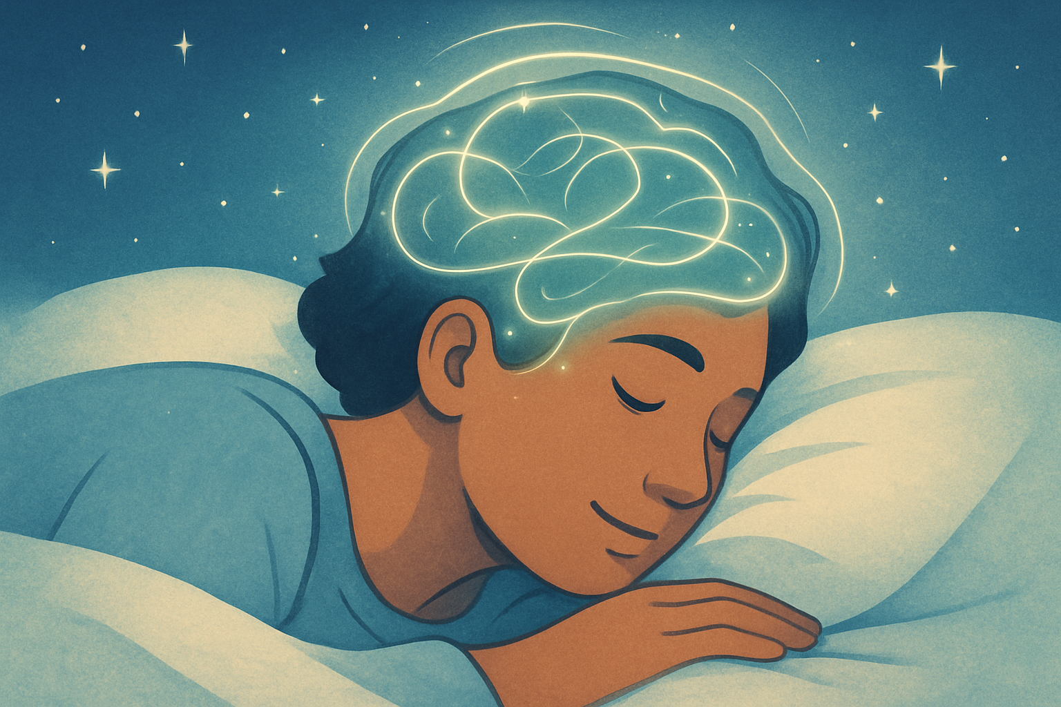 Person sleeping peacefully with brain activity visualization